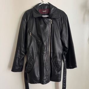 Vintage 90s Wilsons Leather Black Hip Length Zip Jacket with Belt | Size XL